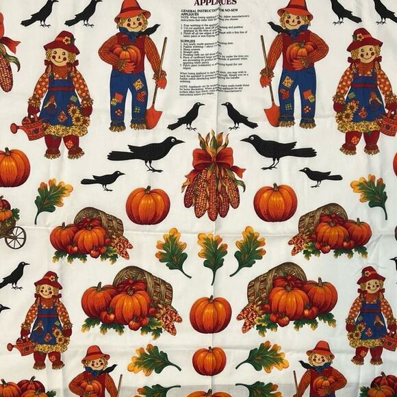 Country Autumn Appliqués Fabric Panel Fall Scarecrow Pumpkin Crow Cornucopia - Picture 1 of 4